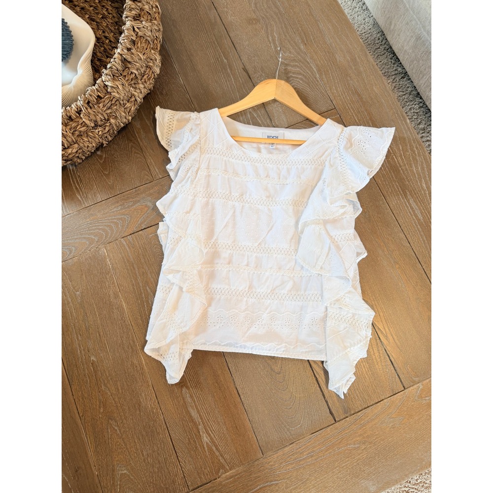KOCH Ruffle Eyelet Blouse Womens White‎ XS